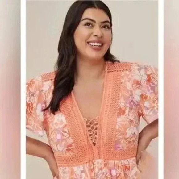 Torrid Lace Up Tea Length Dress Crinkle Floral Coral Plus Size 2X Midi Dress - Picture 6 of 6